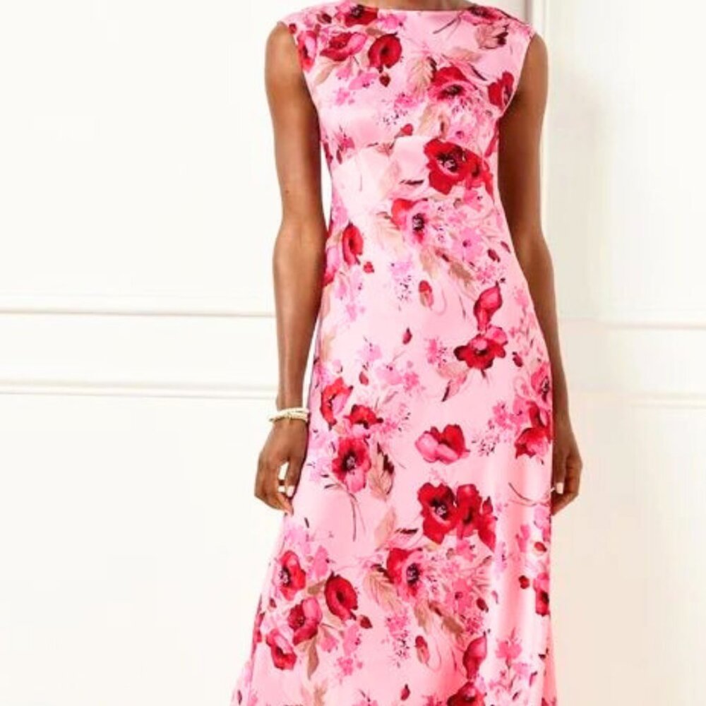 Talbots Pink Floral Satin Midi Dress